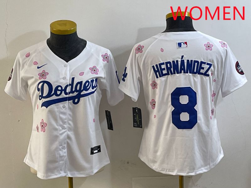 Women Los Angeles Dodgers #8 Hernandez White Sakura Edition 2025 Nike MLB Jersey style 1